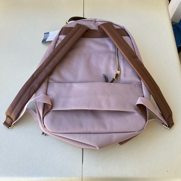 Tommy Bahama Pink Nylon Campus Travel Backpack Tan Faux Leather Trim - Picture 4 of 7